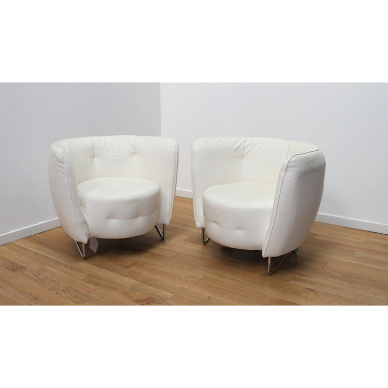 Pair of vintage Maybe armchairs in chrome metal and white leatherette for Cotta