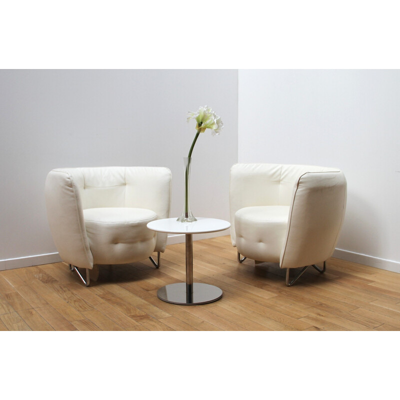 Pair of vintage Maybe armchairs in chrome metal and white leatherette for Cotta