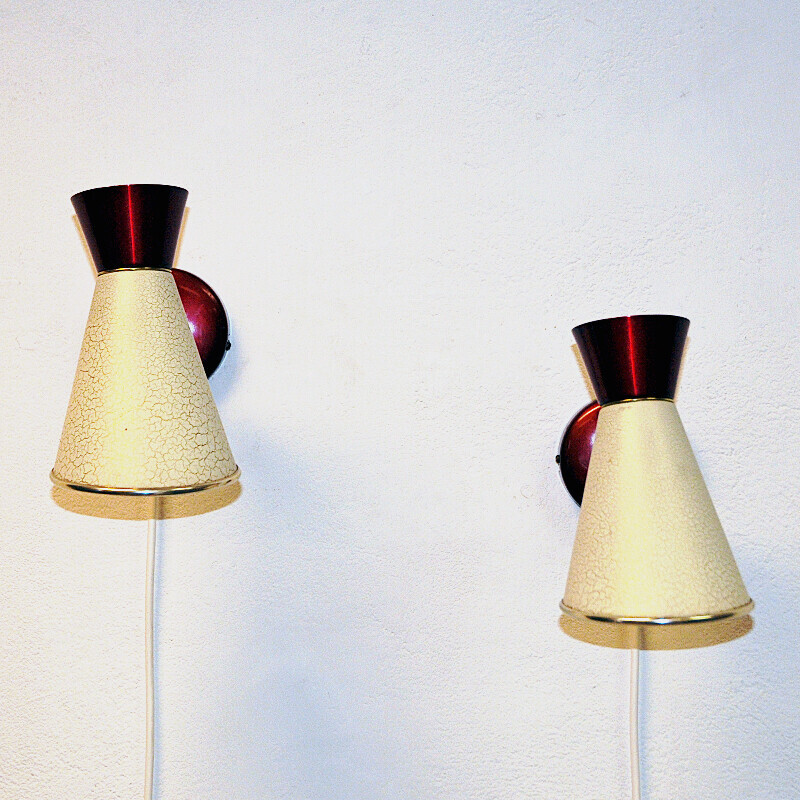 Pair of vintage beige and red metal wall lamp, Sweden 1950