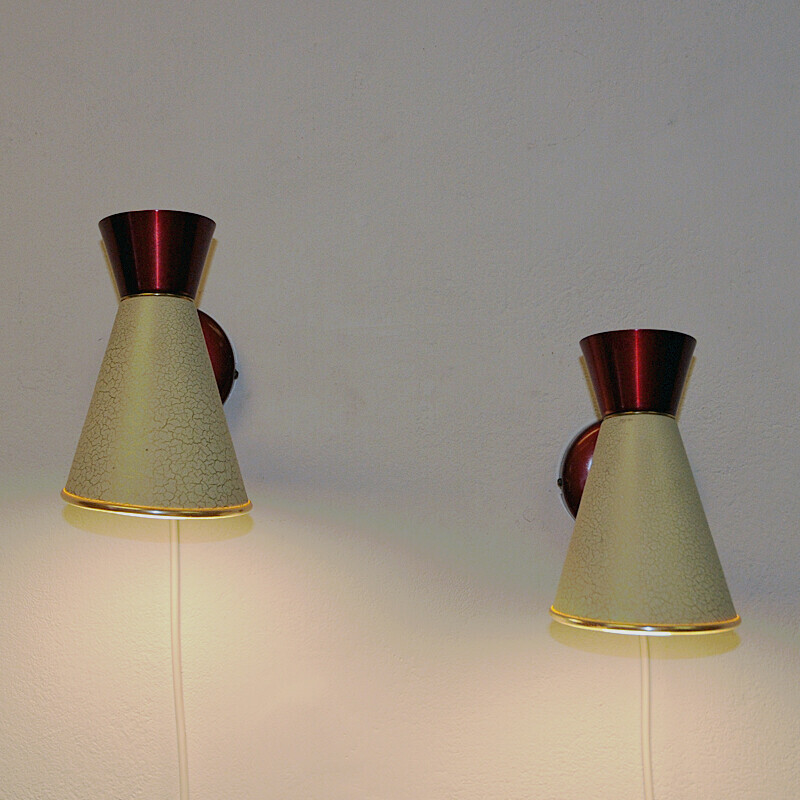 Pair of vintage beige and red metal wall lamp, Sweden 1950