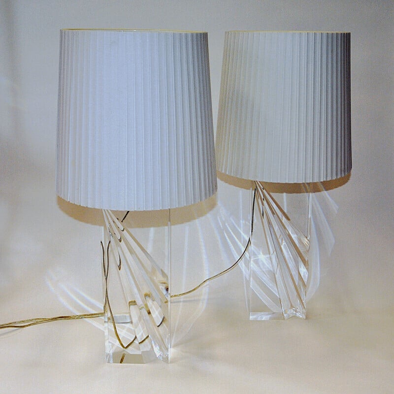 Paire de lampes de table vintage rectangulaires en verre acrylique clair, 1970