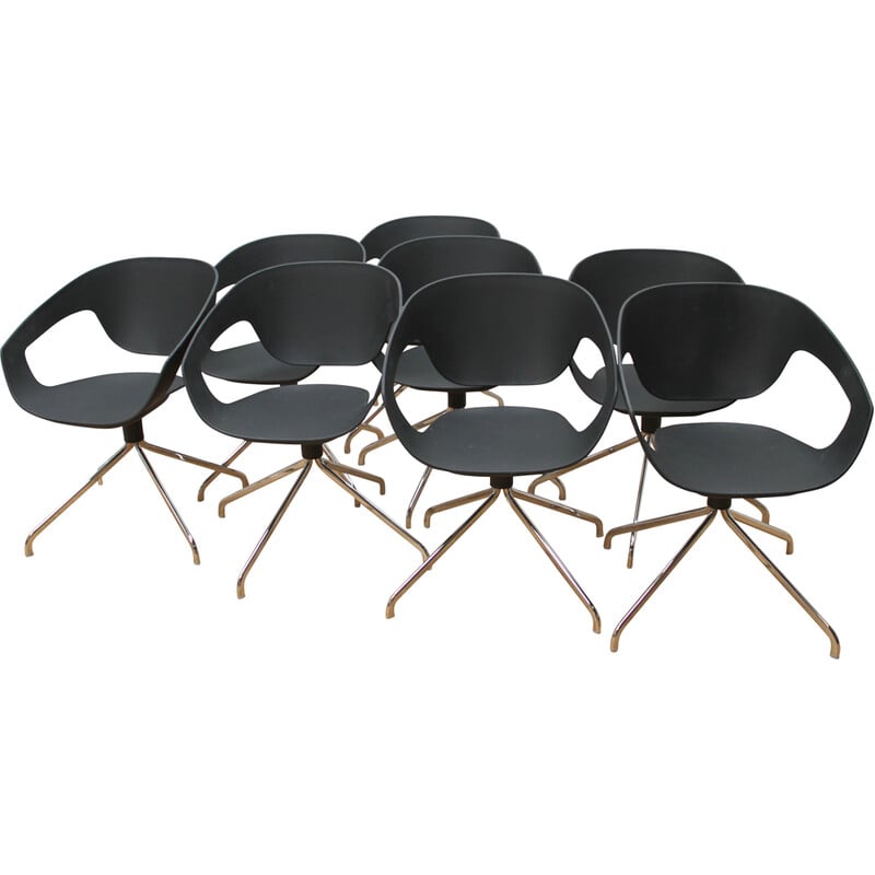 Juego de 8 sillas de oficina vintage en metal cromado y polipropileno negro de Luca Nichetto para Casaminia