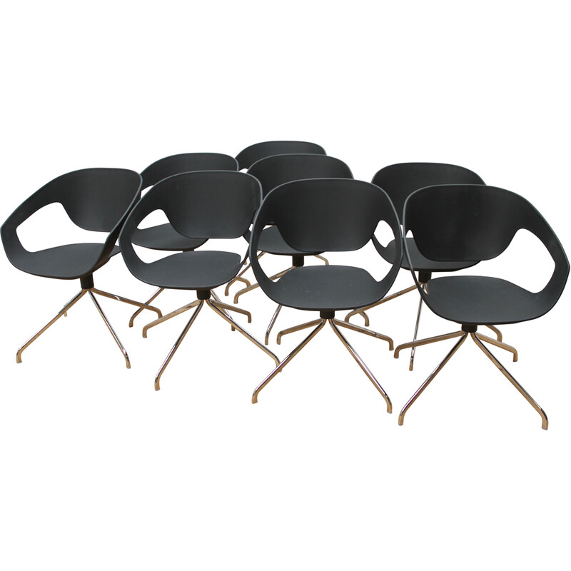 Set van 8 vintage bureaustoelen in verchroomd metaal en zwart polypropyleen van Luca Nichetto voor Casaminia