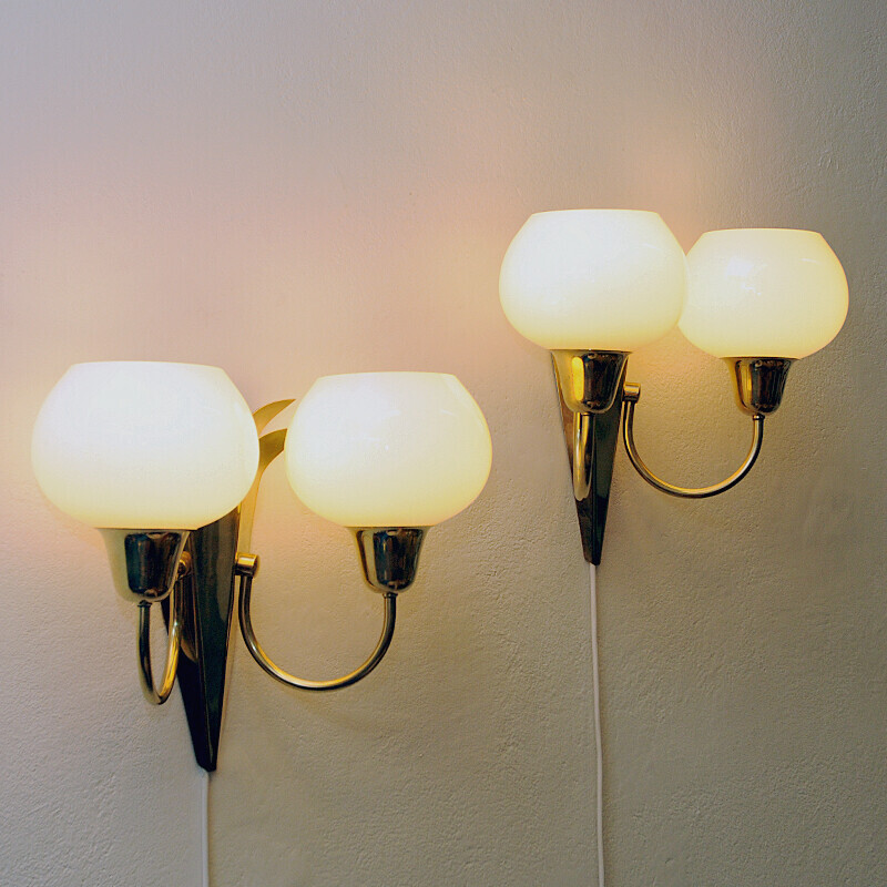 Pair of vintage brass and opaline glass wall lights by Br Sæther, Norway 1940
