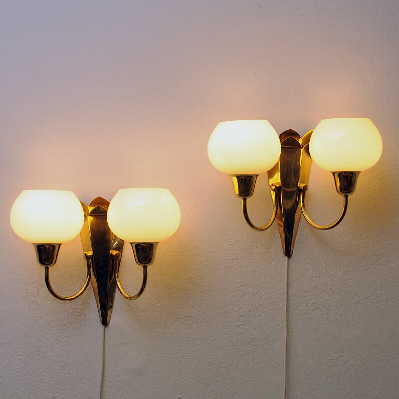 Pair of vintage brass and opaline glass wall lights by Br Sæther, Norway 1940