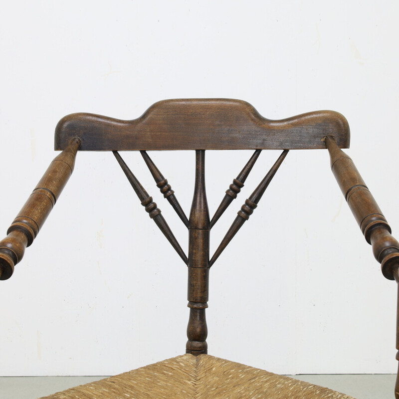 Chaise d'angle vintage tripode en chêne et jonc, Pays-Bas