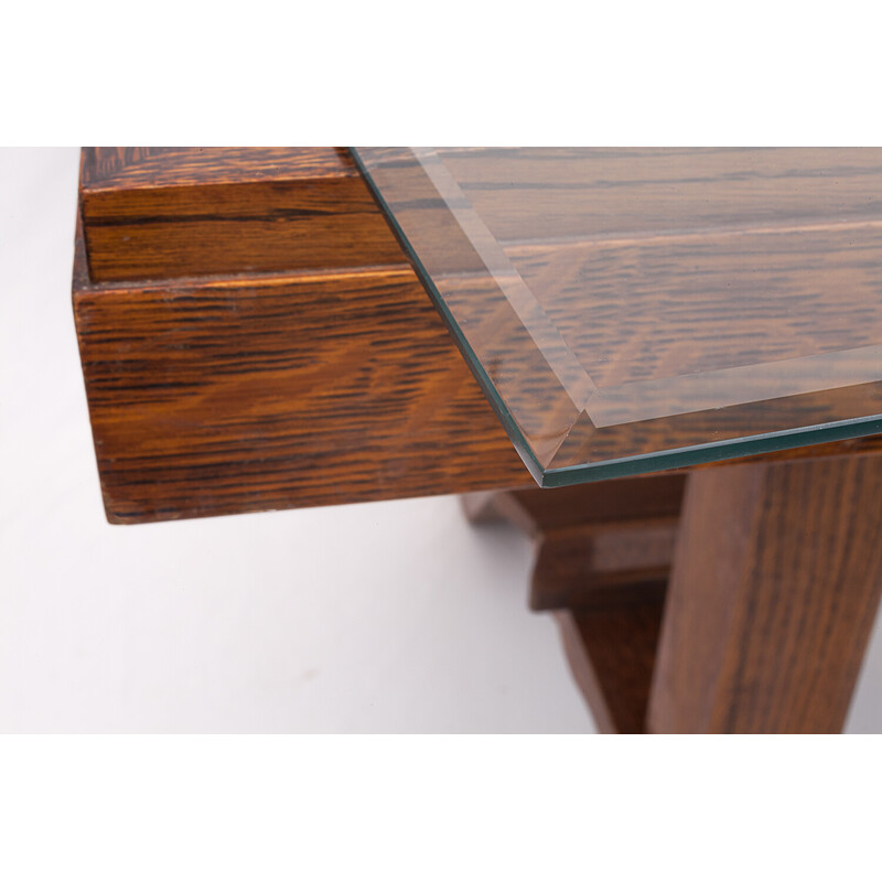 Vintage Art Deco dining table in oak and beveled glass