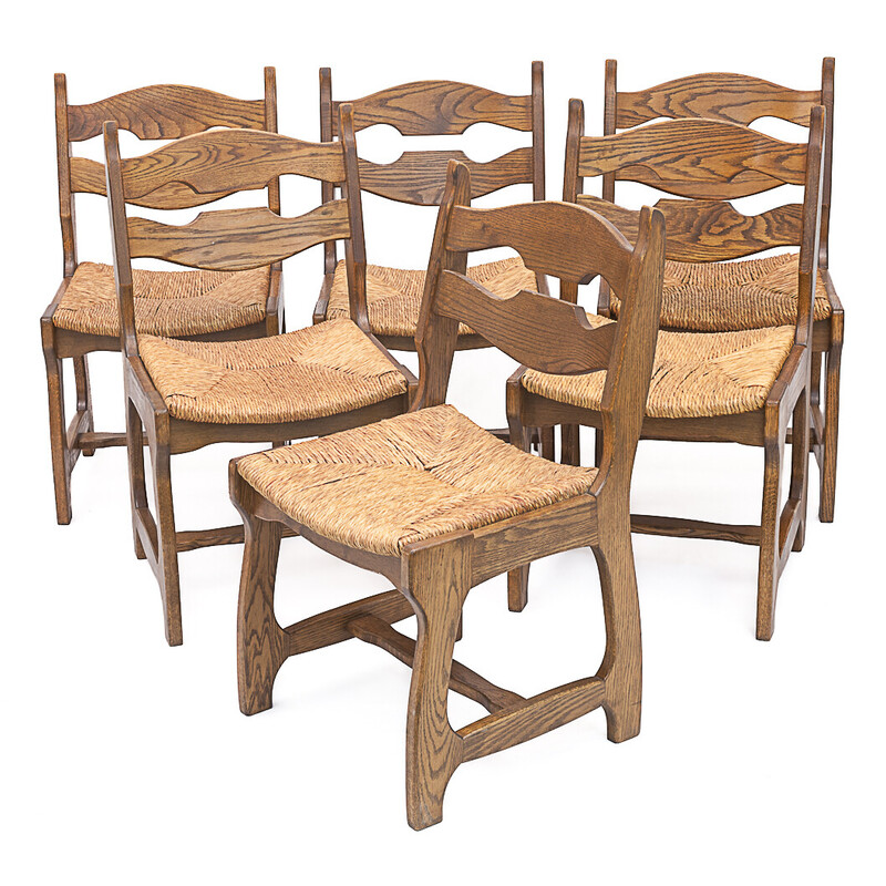 Set of 6 vintage solid oak chairs by Guillerme et Chambron