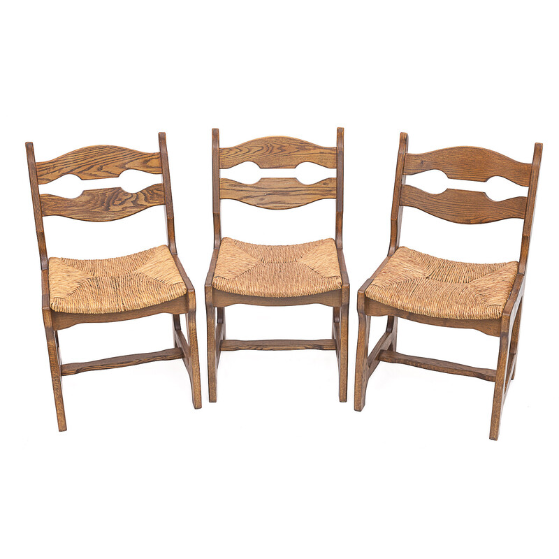 Set of 6 vintage solid oak chairs by Guillerme et Chambron