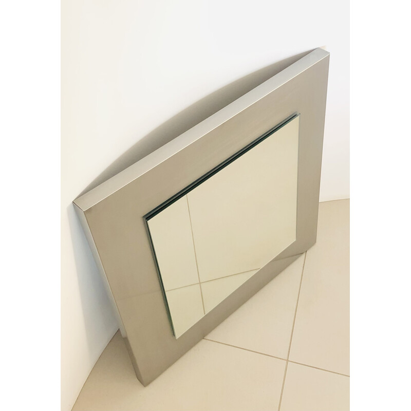 Vintage square mirror on stainless steel base, France 1970