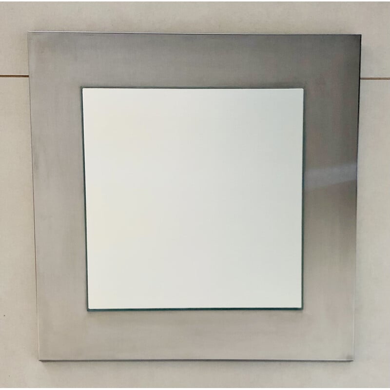 Vintage square mirror on stainless steel base, France 1970