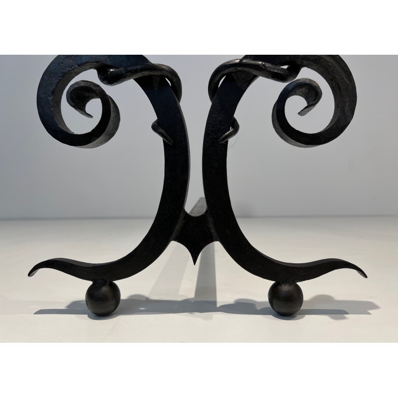 Pair of vintage "aux Serpents" wrought iron andirons, France 1950