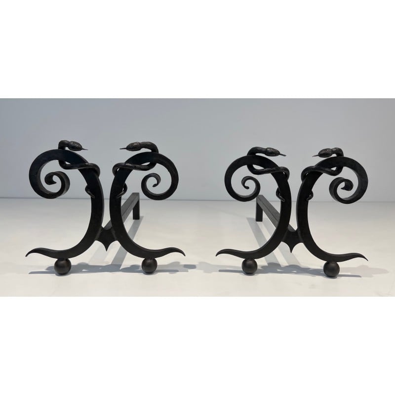 Pair of vintage "aux Serpents" wrought iron andirons, France 1950