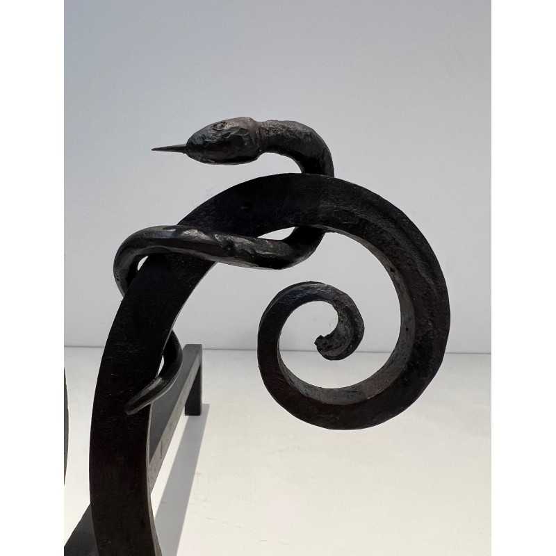 Pair of vintage "aux Serpents" wrought iron andirons, France 1950