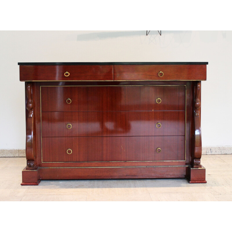 Vintage “swan neck” chest of drawers in mahogany and black marble