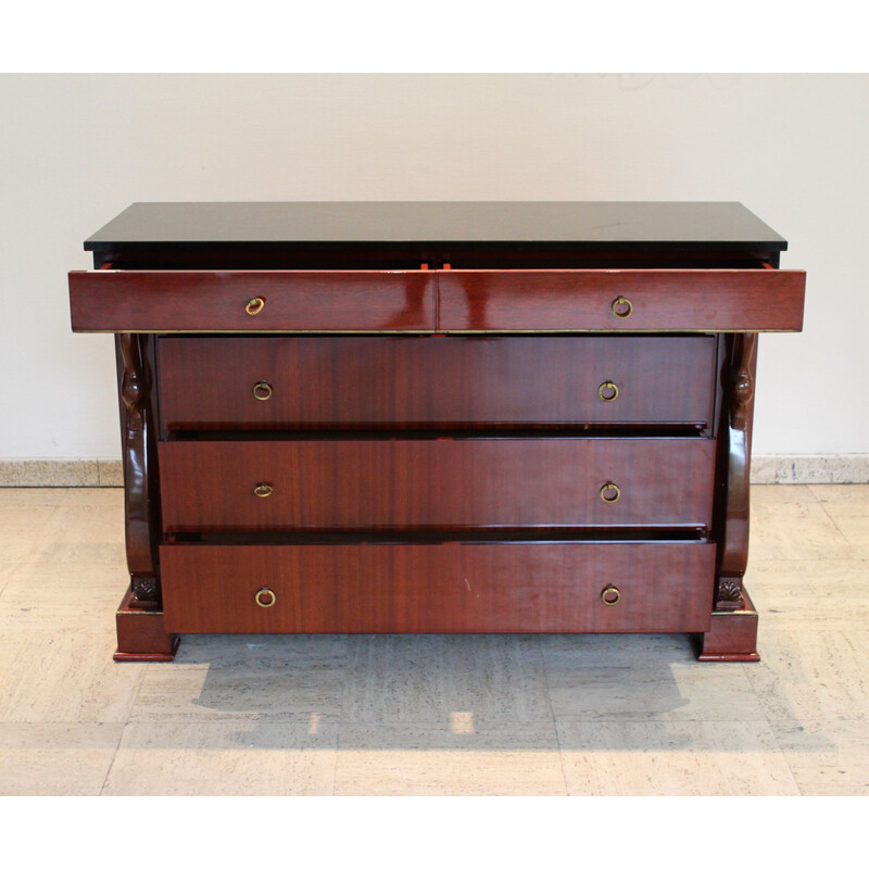 Vintage “swan neck” chest of drawers in mahogany and black marble