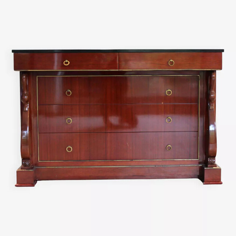 Vintage “swan neck” chest of drawers in mahogany and black marble