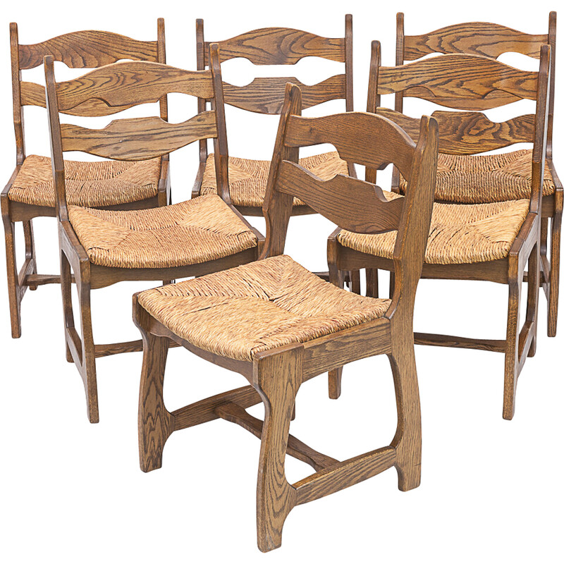 Set of 6 vintage solid oak chairs by Guillerme et Chambron