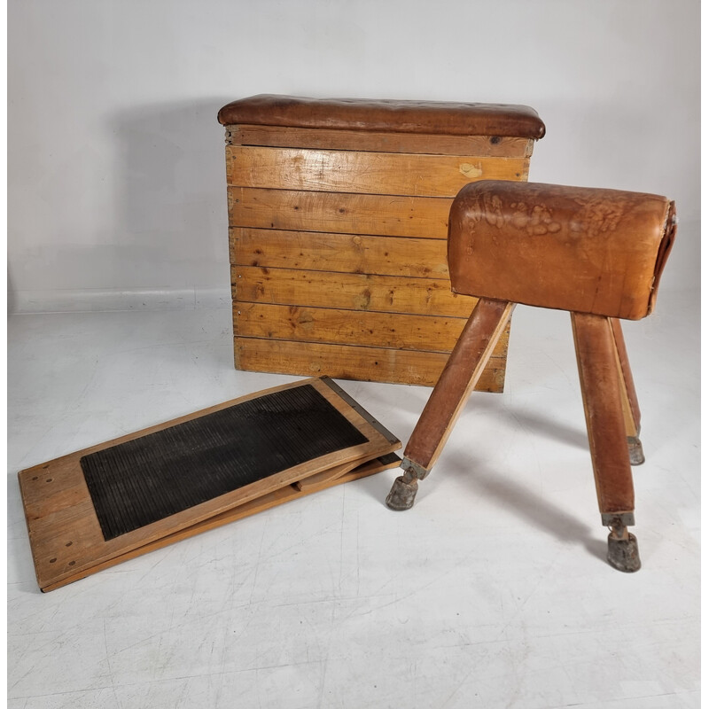 Lotto di 3 scatole da ginnastica vintage in legno e pelle, 1930