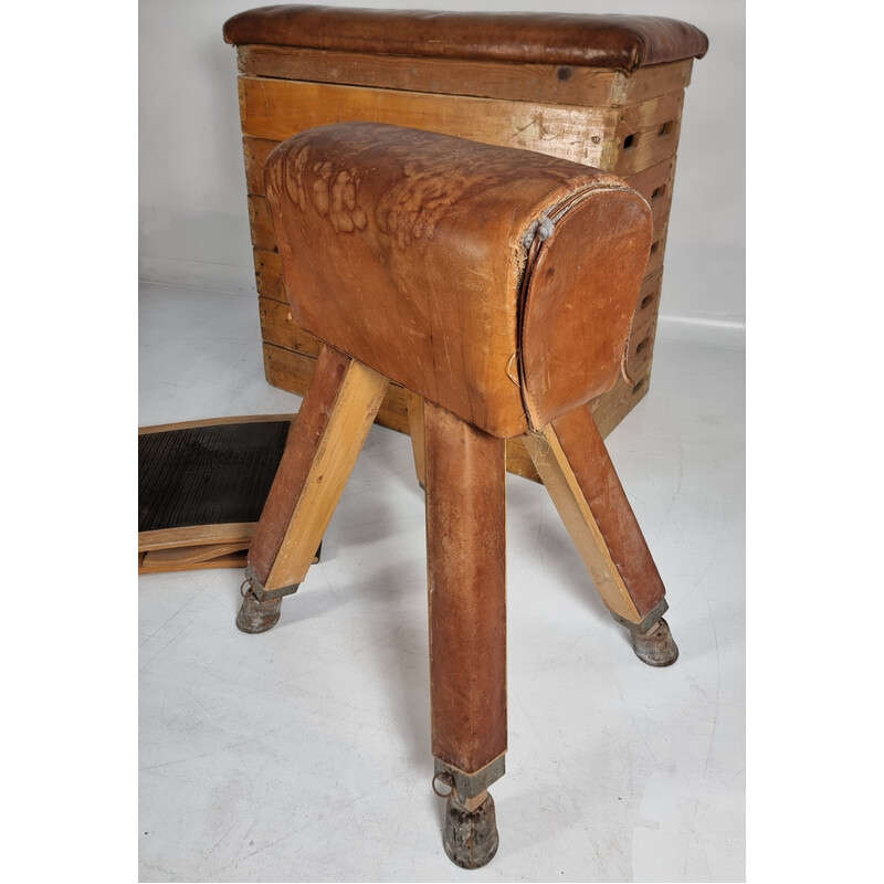 Lot of 3 vintage wooden and leather gymnastics boxes, 1930