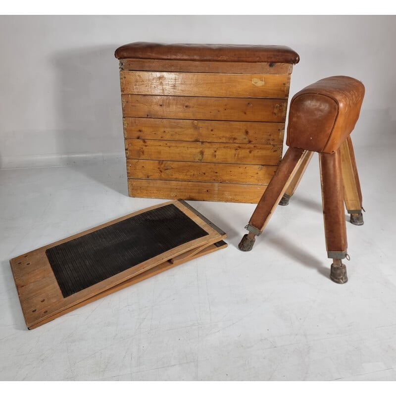Lot of 3 vintage wooden and leather gymnastics boxes, 1930