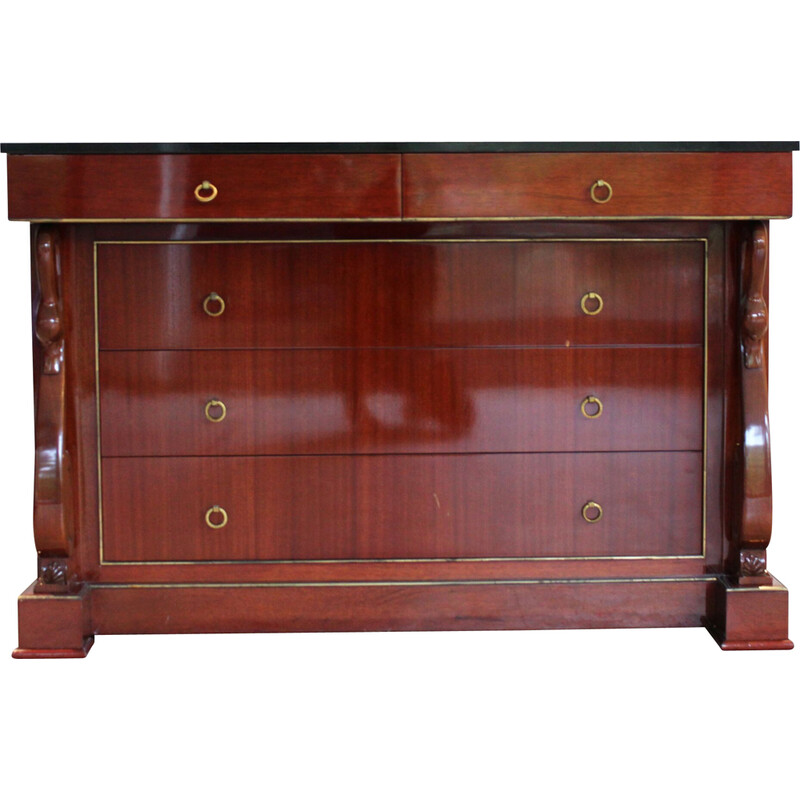 Vintage “swan neck” chest of drawers in mahogany and black marble