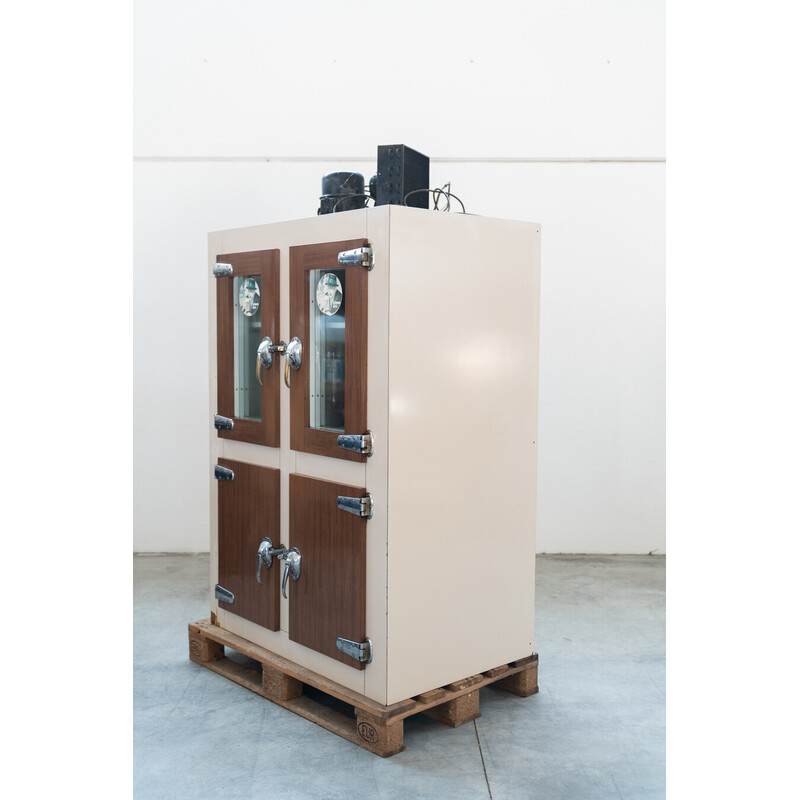 Compartiment réfrigérateur vintage en chêne et verre par Birra Moretti, Italie 1960