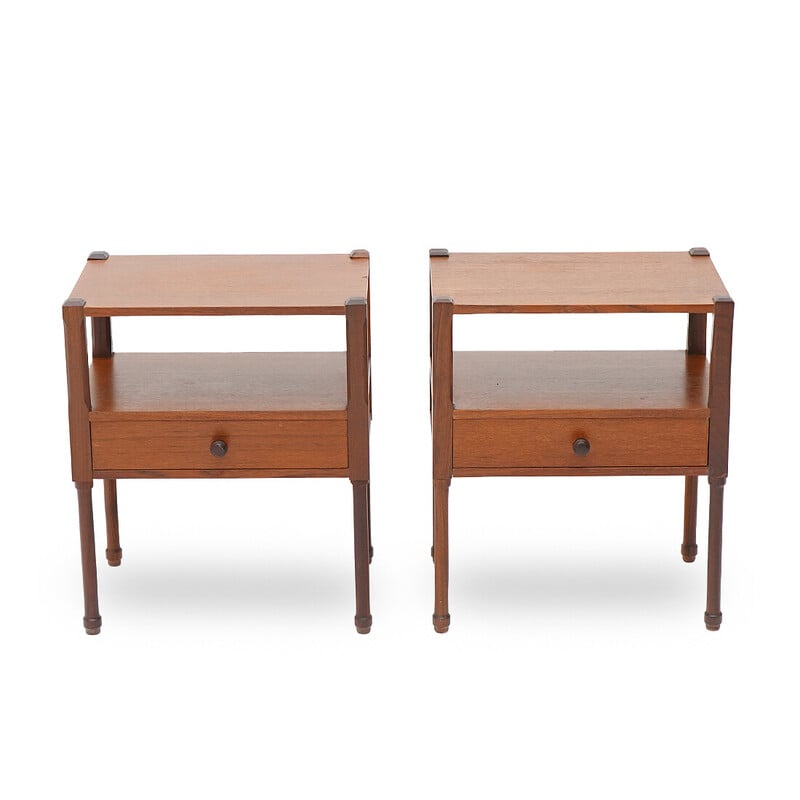Pair of vintage solid teak bedside tables with shelf and drawer, Italy 1960