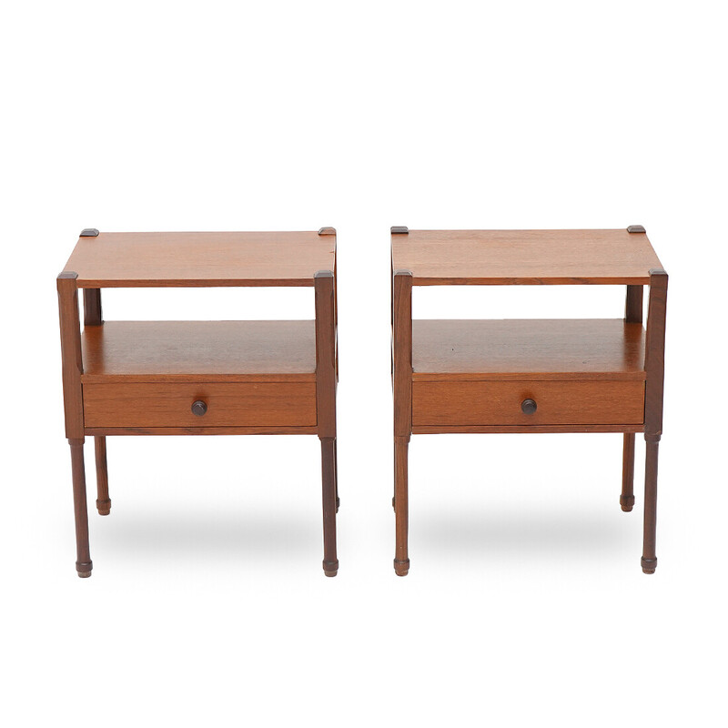 Pair of vintage solid teak bedside tables with shelf and drawer, Italy 1960