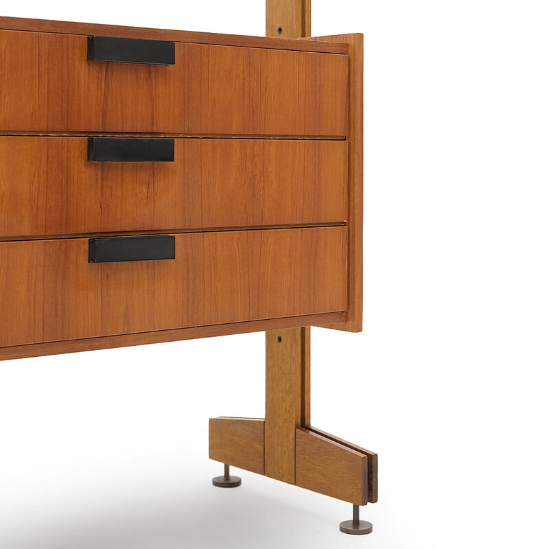 Vintage bookcase with chest of drawers in solid wood and brass, Italy 1960