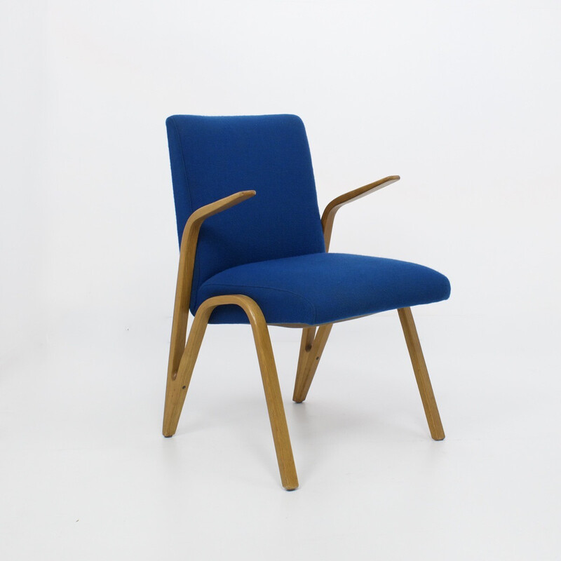 Vintage Konkav fauteuil in beuken en blauwe stof van Paul Bode voor Deutsche Federholzgesellschaft, Duitsland, jaren 50