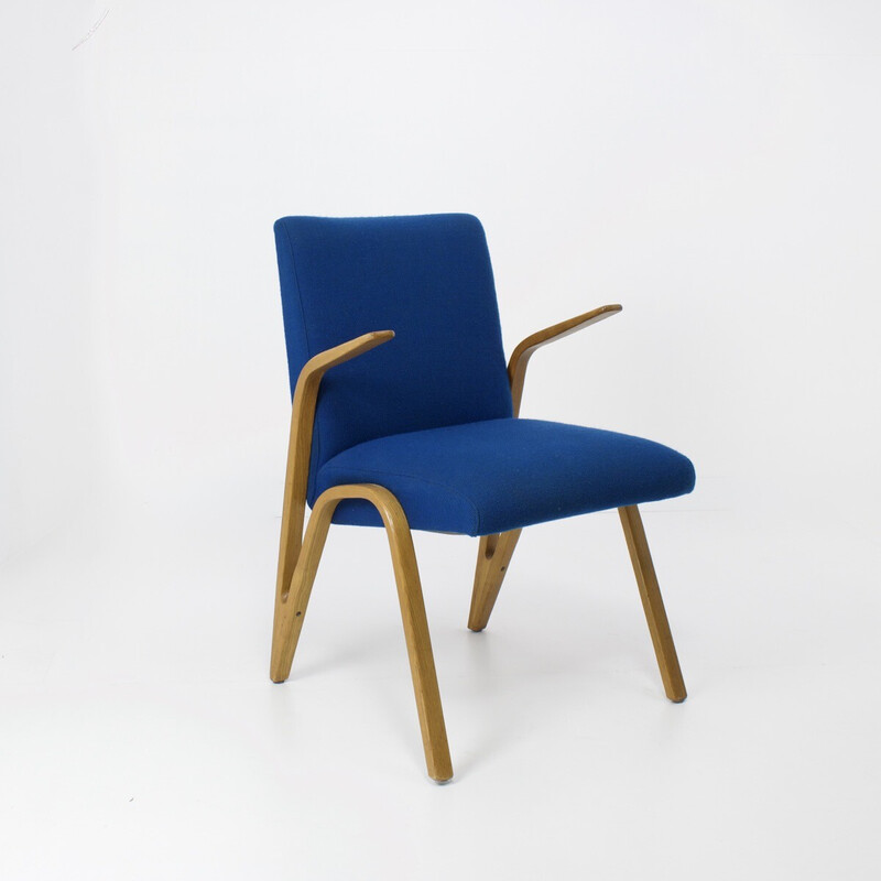 Vintage Konkav fauteuil in beuken en blauwe stof van Paul Bode voor Deutsche Federholzgesellschaft, Duitsland, jaren 50