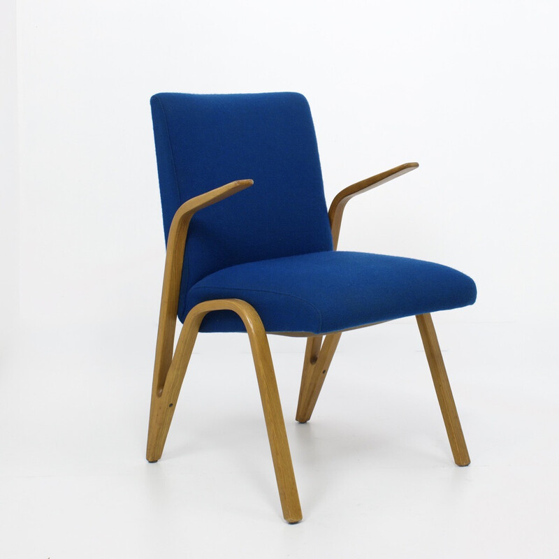 Vintage Konkav fauteuil in beuken en blauwe stof van Paul Bode voor Deutsche Federholzgesellschaft, Duitsland, jaren 50