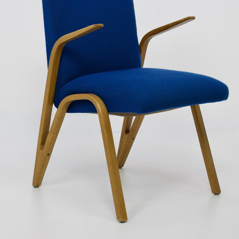 Vintage Konkav fauteuil in beuken en blauwe stof van Paul Bode voor Deutsche Federholzgesellschaft, Duitsland, jaren 50