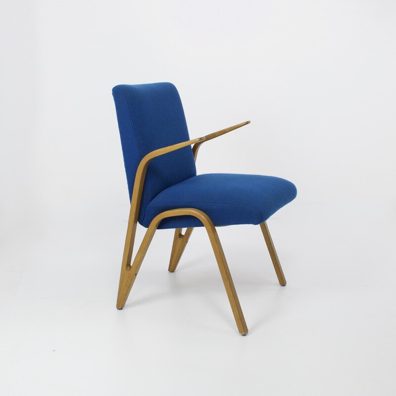 Vintage Konkav fauteuil in beuken en blauwe stof van Paul Bode voor Deutsche Federholzgesellschaft, Duitsland, jaren 50