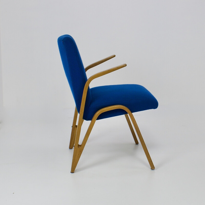 Vintage Konkav fauteuil in beuken en blauwe stof van Paul Bode voor Deutsche Federholzgesellschaft, Duitsland, jaren 50