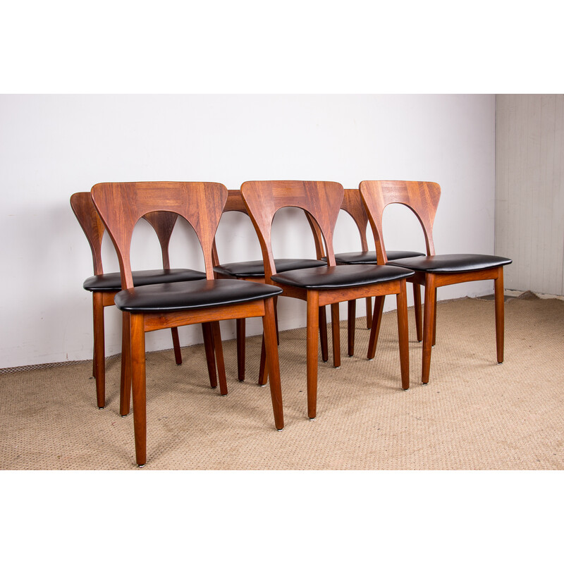 Set of 6 vintage "Peter" dining chairs in teak and leatherette by Niels Koefoed for Koefoed Hornslet, Denmark 1960