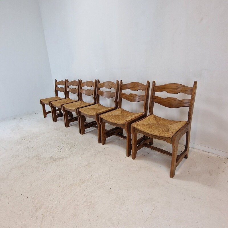 Set of 6 vintage oak razor blade chairs, France 1960