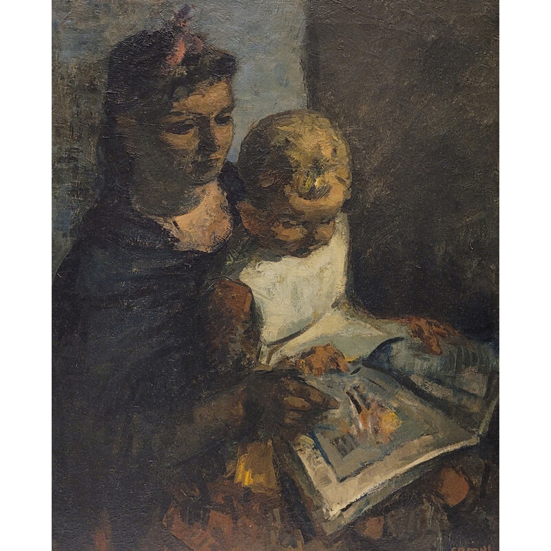 Vintage painting by Gustave Camus depicting a woman and a child, 1943