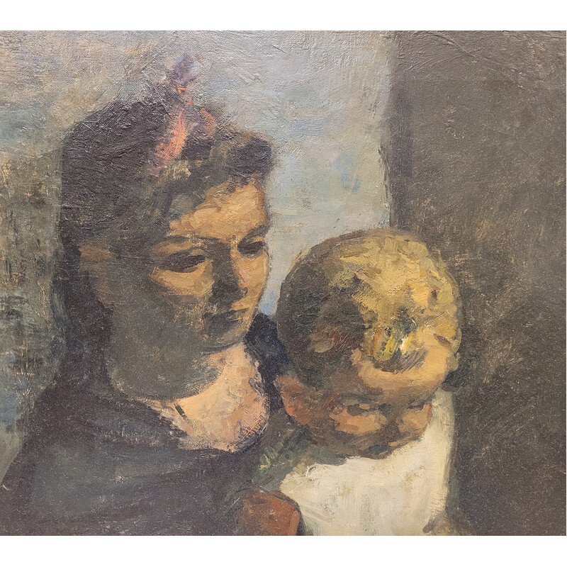 Vintage painting by Gustave Camus depicting a woman and a child, 1943