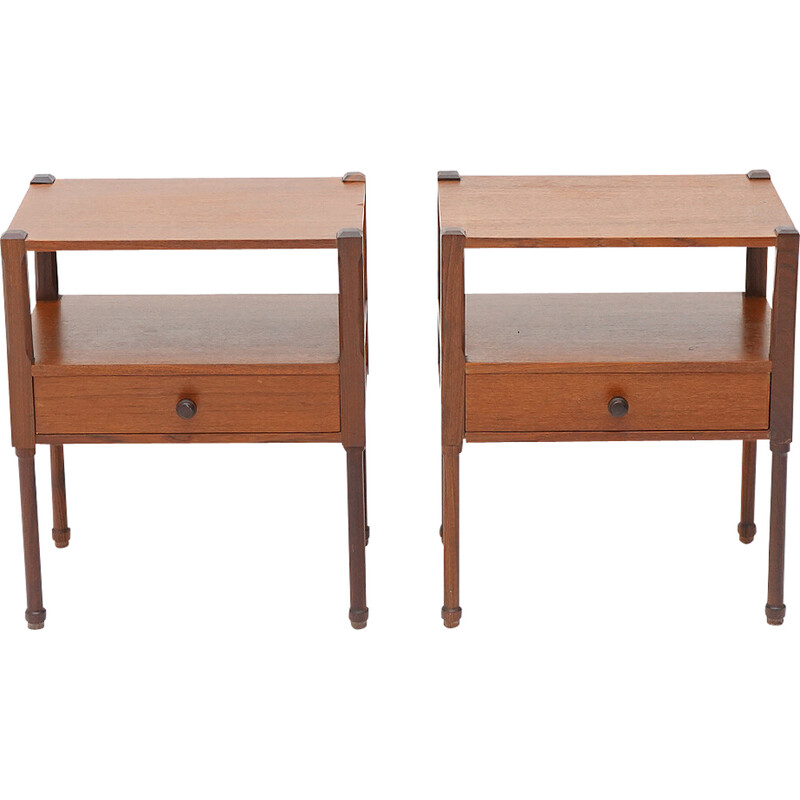 Pair of vintage solid teak bedside tables with shelf and drawer, Italy 1960