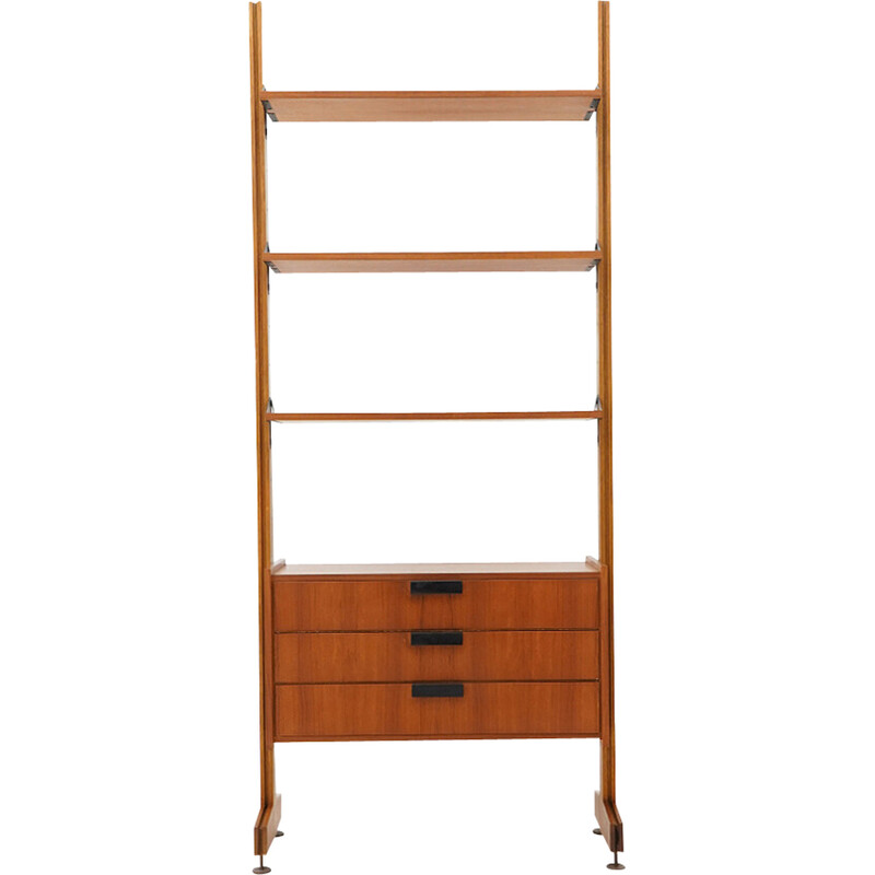 Vintage bookcase with chest of drawers in solid wood and brass, Italy 1960