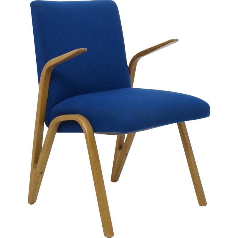 Vintage Konkav fauteuil in beuken en blauwe stof van Paul Bode voor Deutsche Federholzgesellschaft, Duitsland, jaren 50