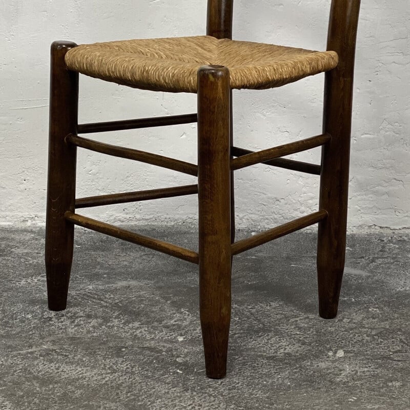 Chaise vintage Bauche N°19 en bois massif et paille par Charlotte Perriand
