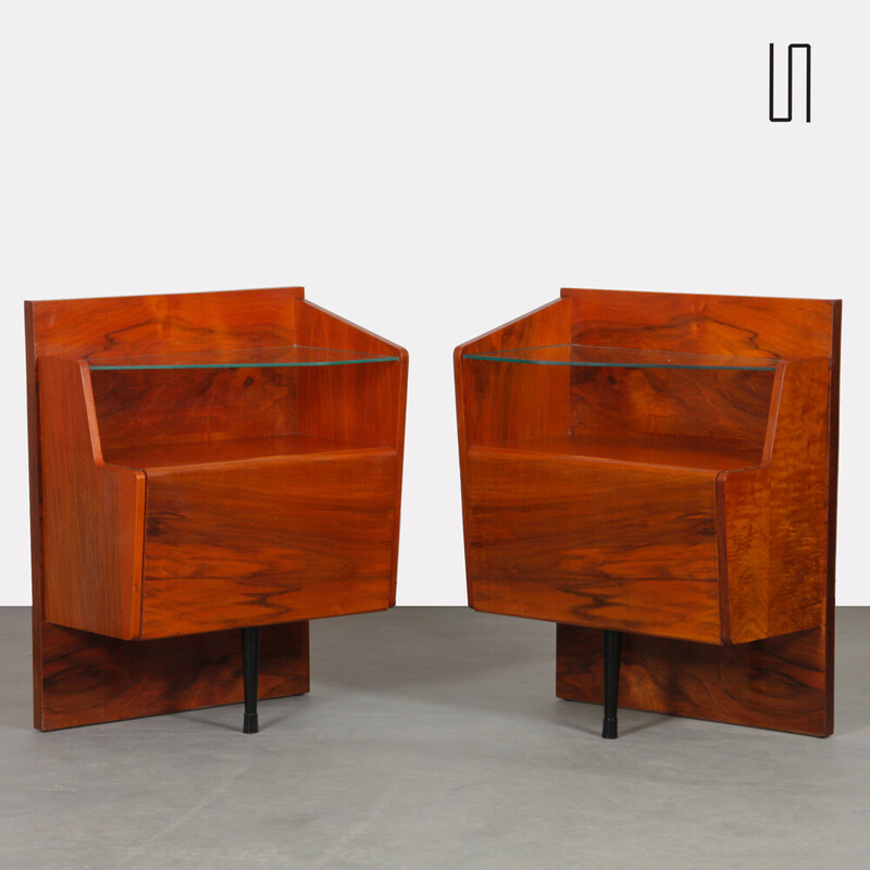 Pair of vintage bedside tables in wood and glass, 1960