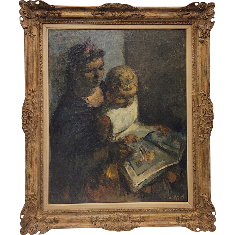 Vintage schilderij van Gustave Camus met een vrouw en een kind, 1943