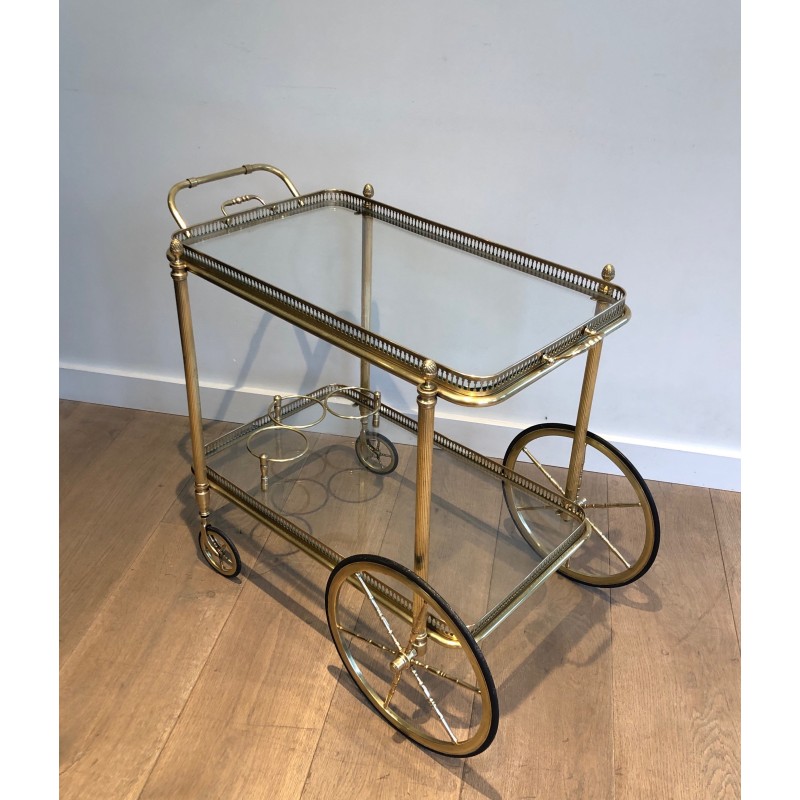 Vintage brass rolling table with double removable tops for La Maison Bagués, France 1940