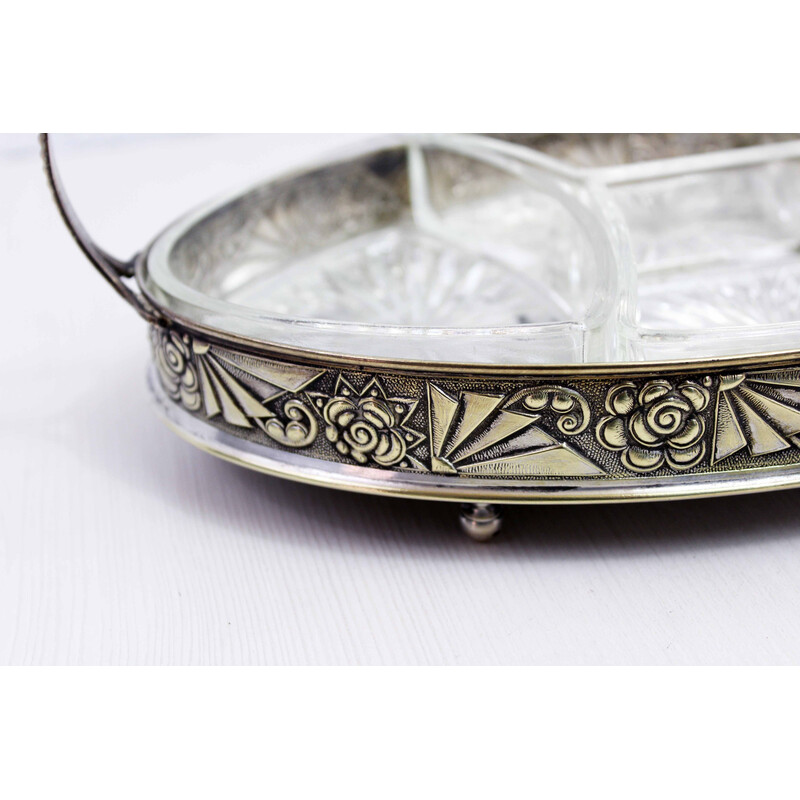 Vintage Art Deco silver metal tray with 4 ramekins, 1930