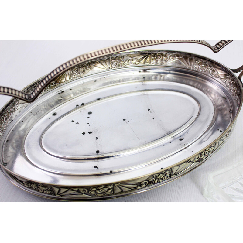 Vintage Art Deco silver metal tray with 4 ramekins, 1930