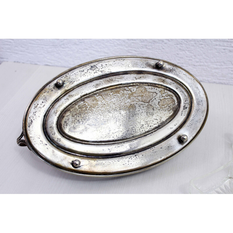 Vintage Art Deco silver metal tray with 4 ramekins, 1930